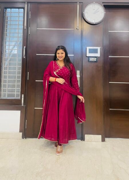 Pastel Pink Mal Cotton Designer Halter Neck Angrakha Embroidered Anarkali Suit with Tie & Dye Kota Doria Duppata