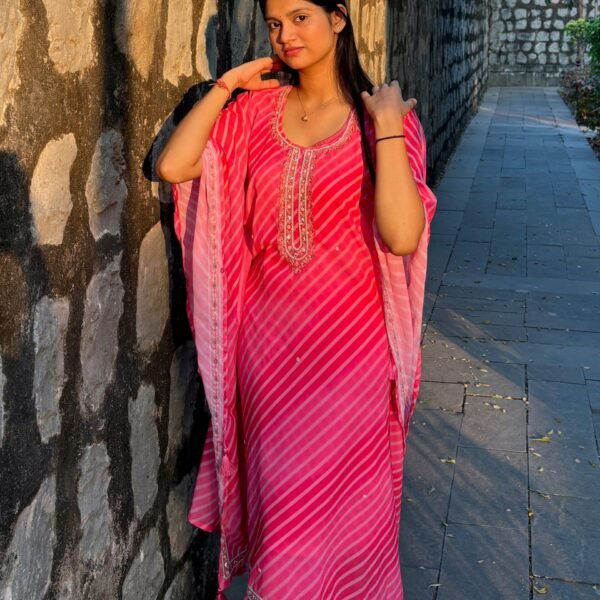 IMG_1560 Pink Georgette Leheria Kaftan Suit Set