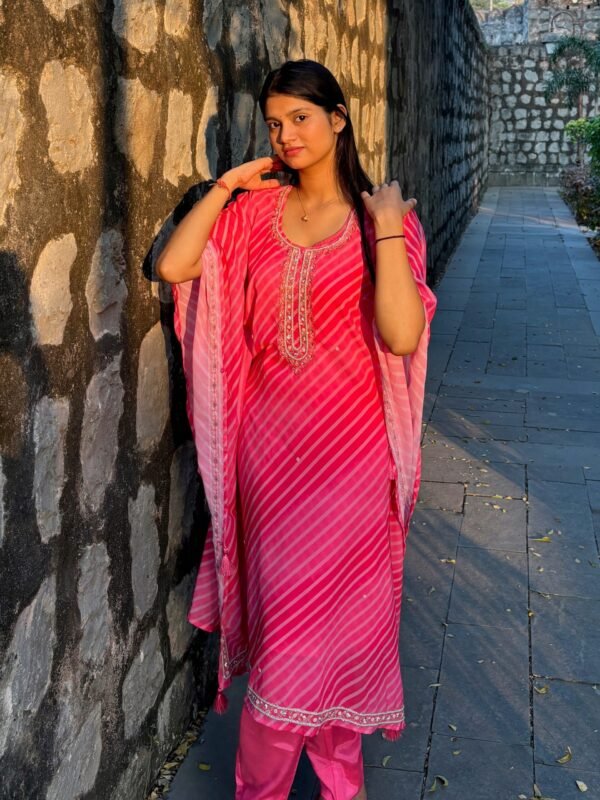 IMG_1560 Pink Georgette Leheria Kaftan Suit Set