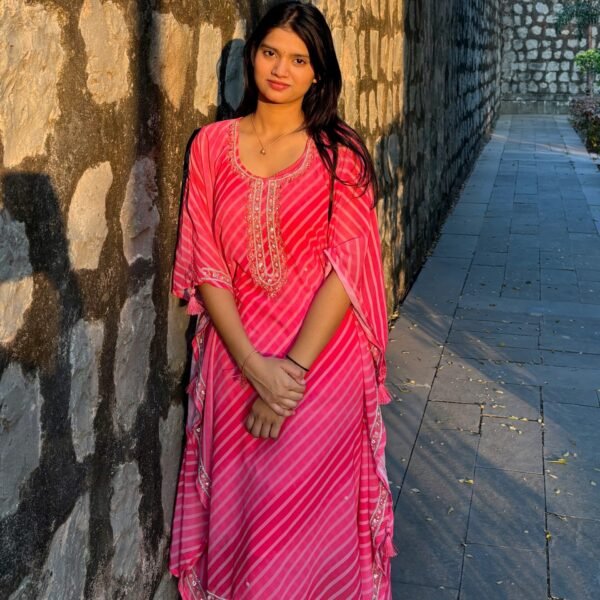 IMG_1563 Pink Georgette Leheria Kaftan Suit Set