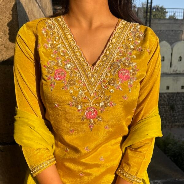 V Neck Embroidered Straight Suit Set