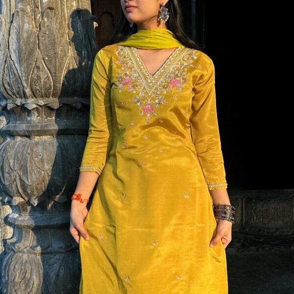 V Neck Embroidered Straight Suit Set