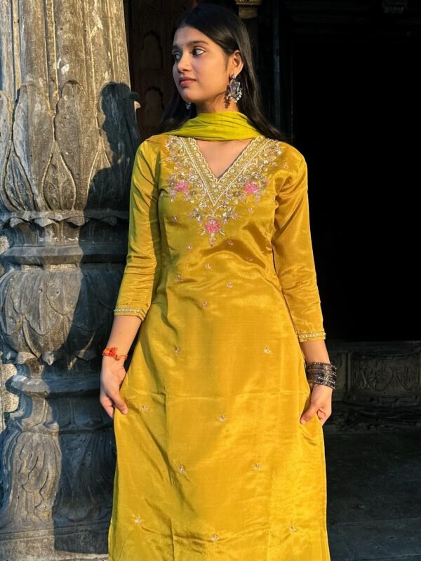 V Neck Embroidered Straight Suit Set