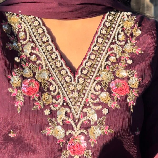 V Neck Embroidered Straight Suit Set