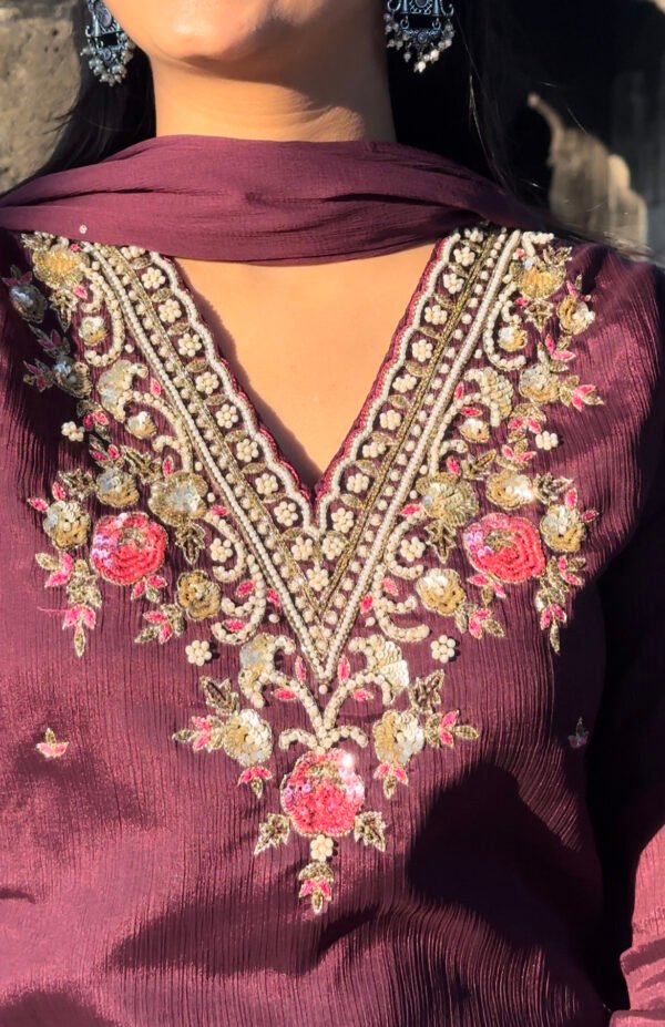 V Neck Embroidered Straight Suit Set