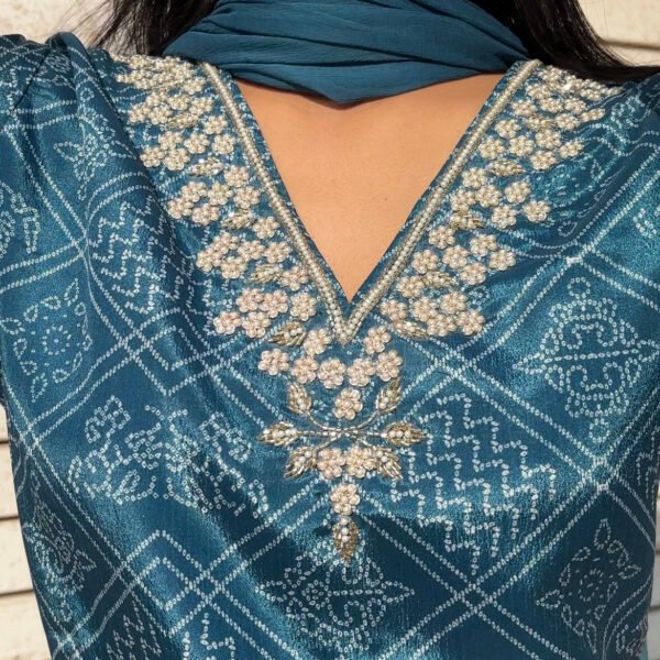 Teal Blue V-Neck Embroidered Bandhej Straight Suit Set