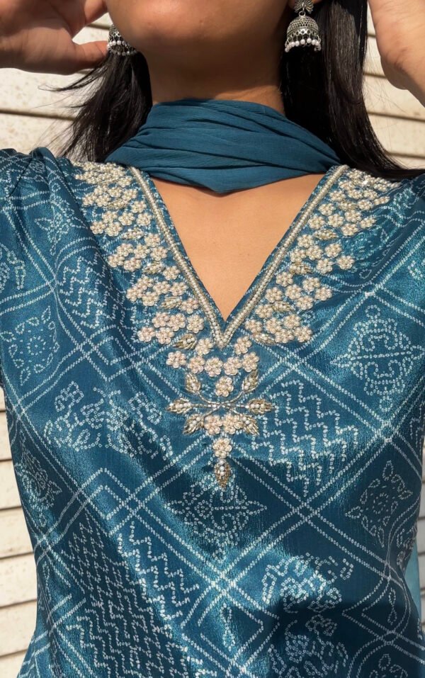 Teal Blue V-Neck Embroidered Bandhej Straight Suit Set