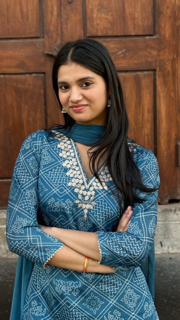 Teal Blue V-Neck Embroidered Bandhej Straight Suit Set