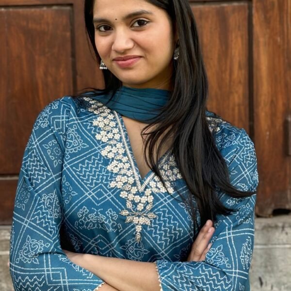 Teal Blue V-Neck Embroidered Bandhej Straight Suit Set