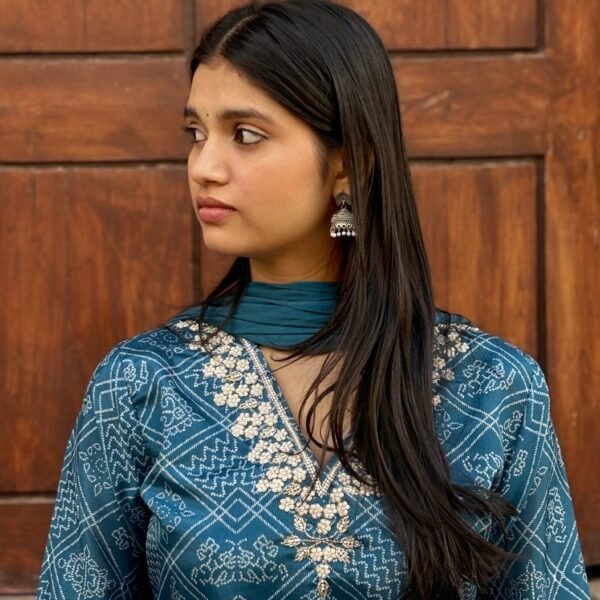 Teal Blue V-Neck Embroidered Bandhej Straight Suit Set