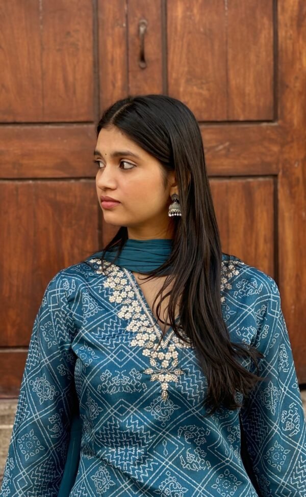 Teal Blue V-Neck Embroidered Bandhej Straight Suit Set