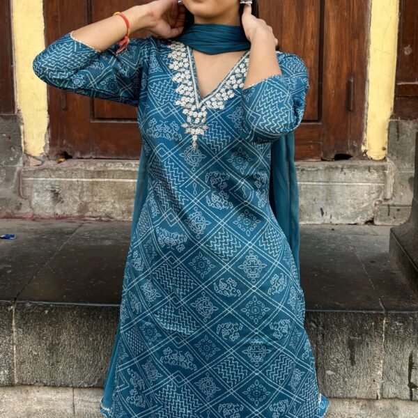 Teal Blue V-Neck Embroidered Bandhej Straight Suit Set
