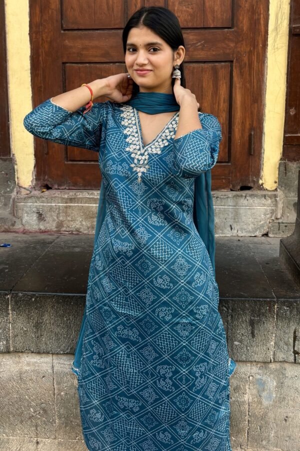 Teal Blue V-Neck Embroidered Bandhej Straight Suit Set