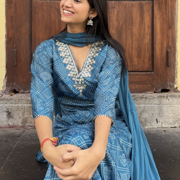 Teal Blue V-Neck Embroidered Bandhej Straight Suit Set