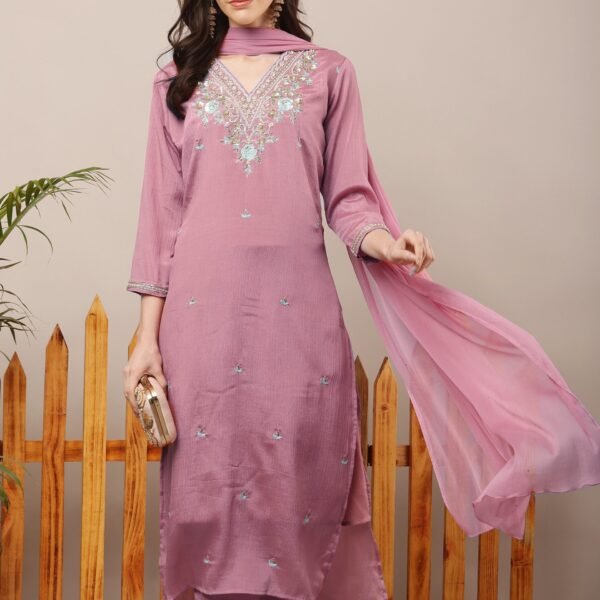 V Neck Embroidered Straight Suit Set