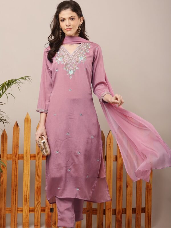 V Neck Embroidered Straight Suit Set