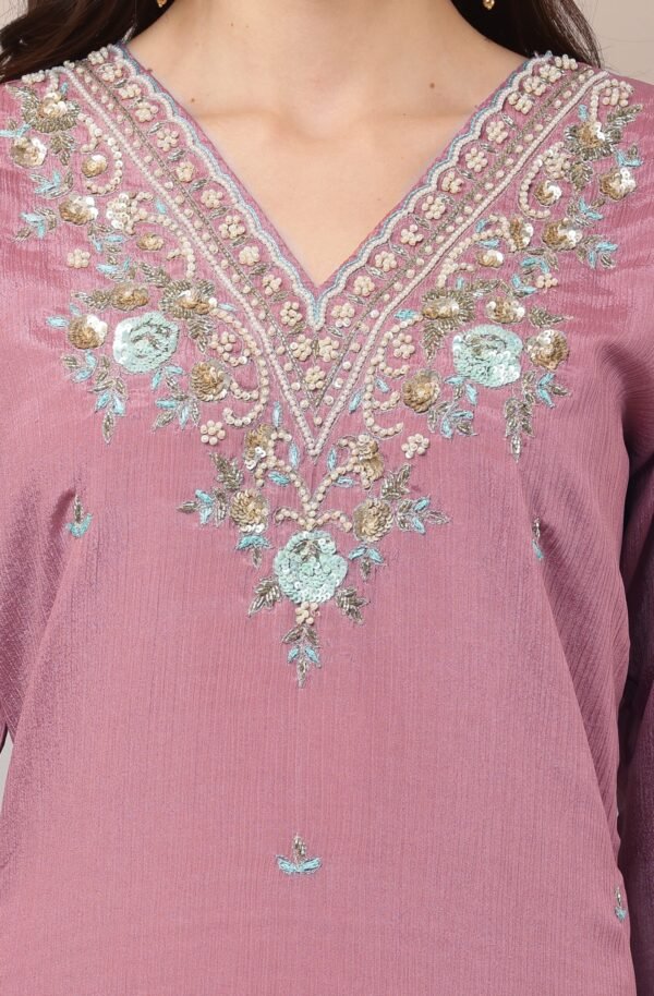 V Neck Embroidered Straight Suit Set