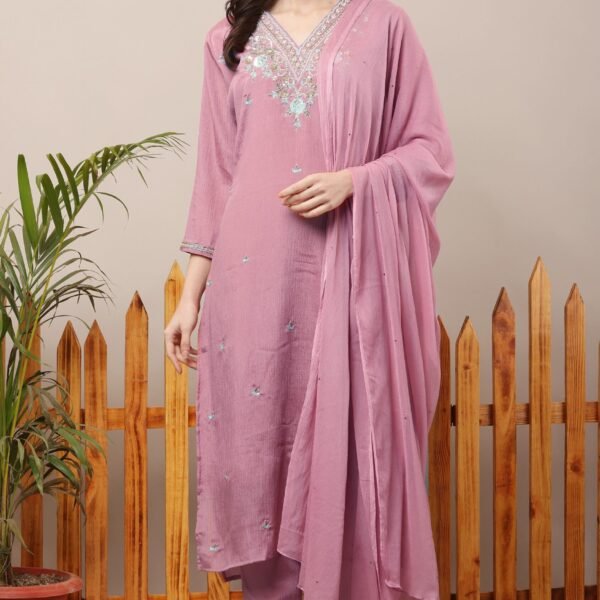 V Neck Embroidered Straight Suit Set