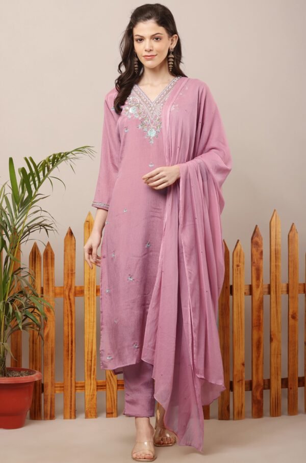 V Neck Embroidered Straight Suit Set