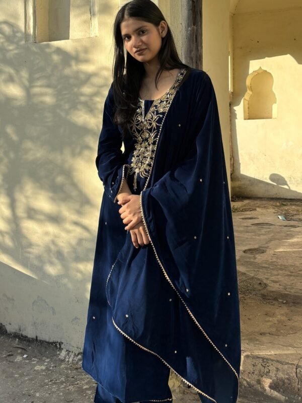 Peacock Blue Velvet Suit Set