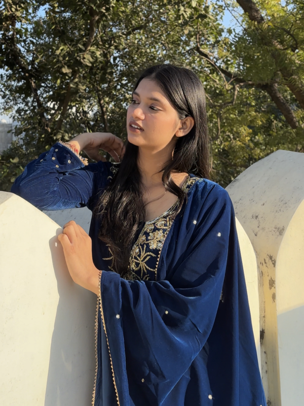Peacock Blue Velvet Suit Set
