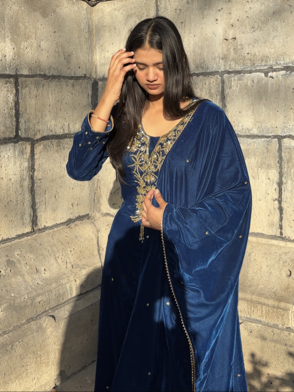 Peacock Blue Velvet Suit Set