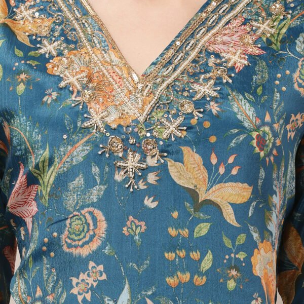 23 Jan- Maxkeystudio25631 Teal Blue V-Neck Embroidered Floral Straight Suit Set