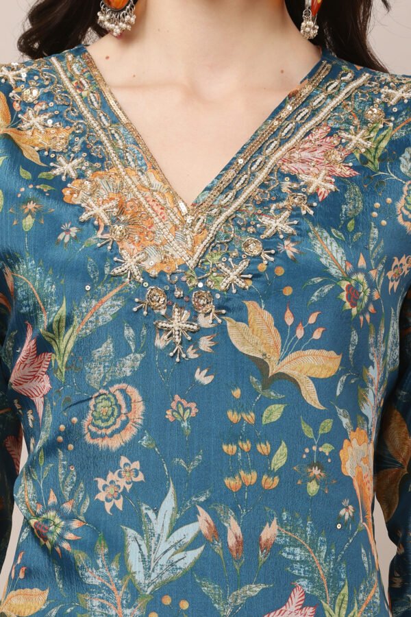 23 Jan- Maxkeystudio25631 Teal Blue V-Neck Embroidered Floral Straight Suit Set