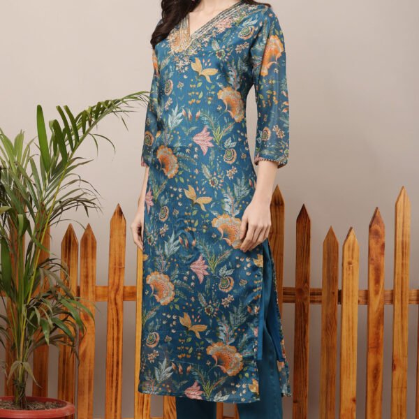 23 Jan- Maxkeystudio25635 Teal Blue V-Neck Embroidered Floral Straight Suit Set
