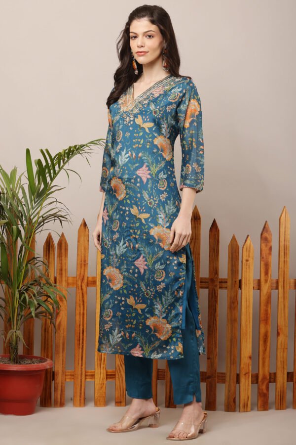 23 Jan- Maxkeystudio25635 Teal Blue V-Neck Embroidered Floral Straight Suit Set
