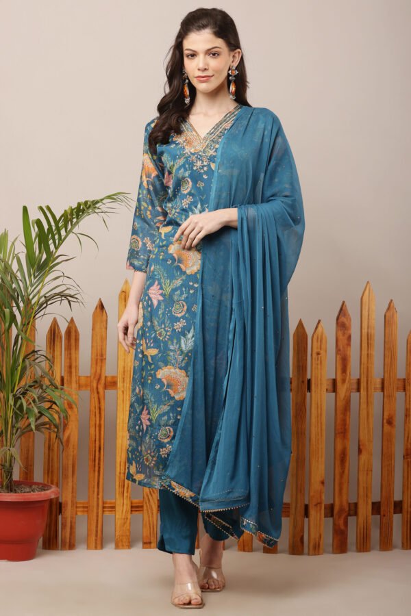 23 Jan- Maxkeystudio25642 Teal Blue V-Neck Embroidered Floral Straight Suit Set
