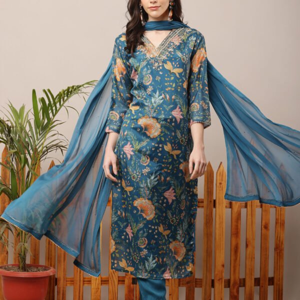 23 Jan- Maxkeystudio25645 Teal Blue V-Neck Embroidered Floral Straight Suit Set