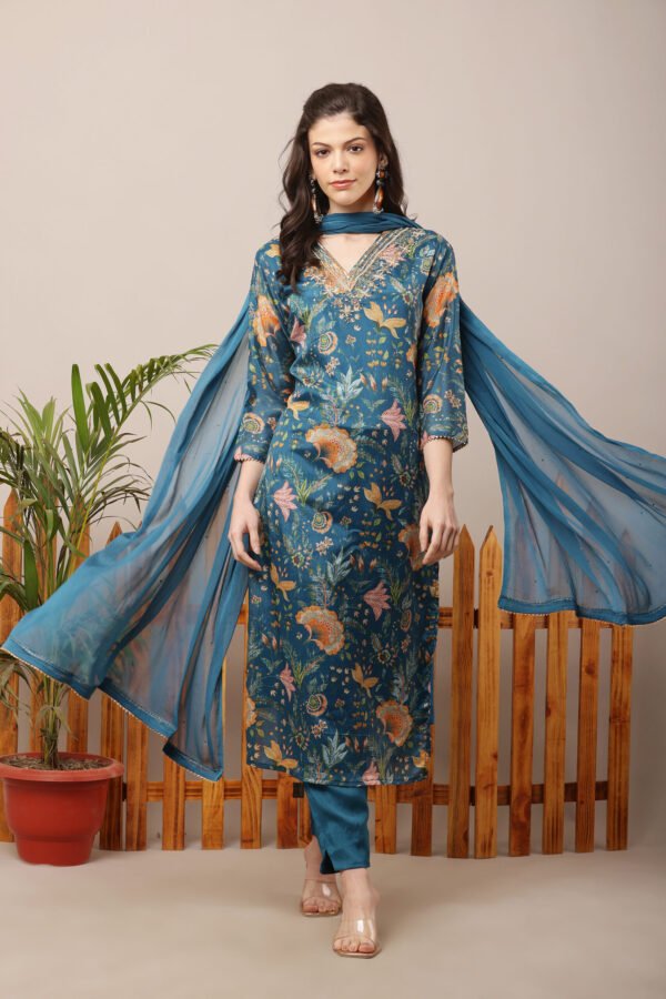 23 Jan- Maxkeystudio25645 Teal Blue V-Neck Embroidered Floral Straight Suit Set