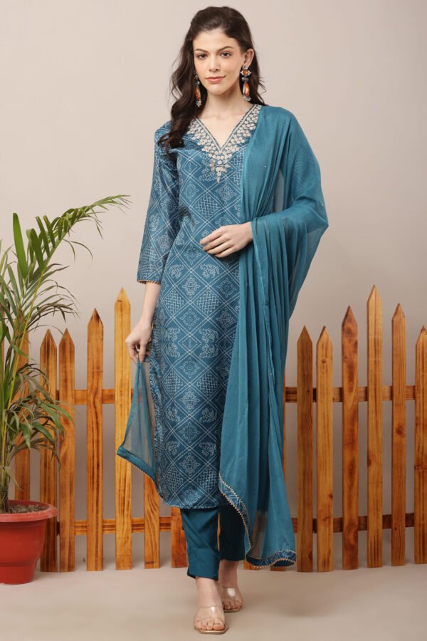 23 Jan- Maxkeystudio25658 Teal Blue V-Neck Embroidered Bandhej Straight Suit Set
