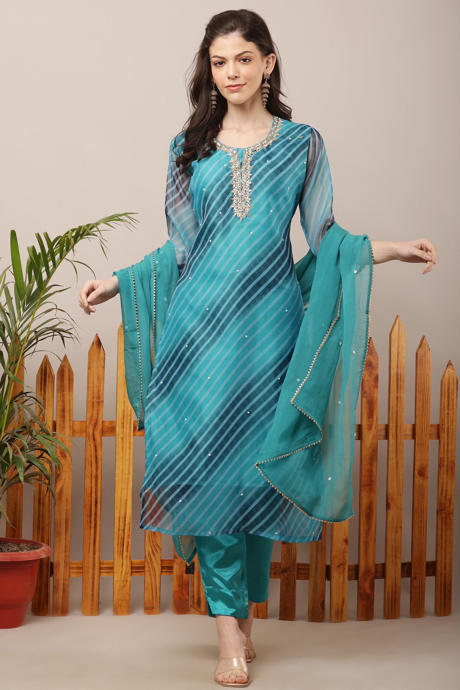 Blue Organza Leheria Straight Suit Set