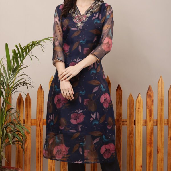 Floral Organza Navy Blue Straight Suit