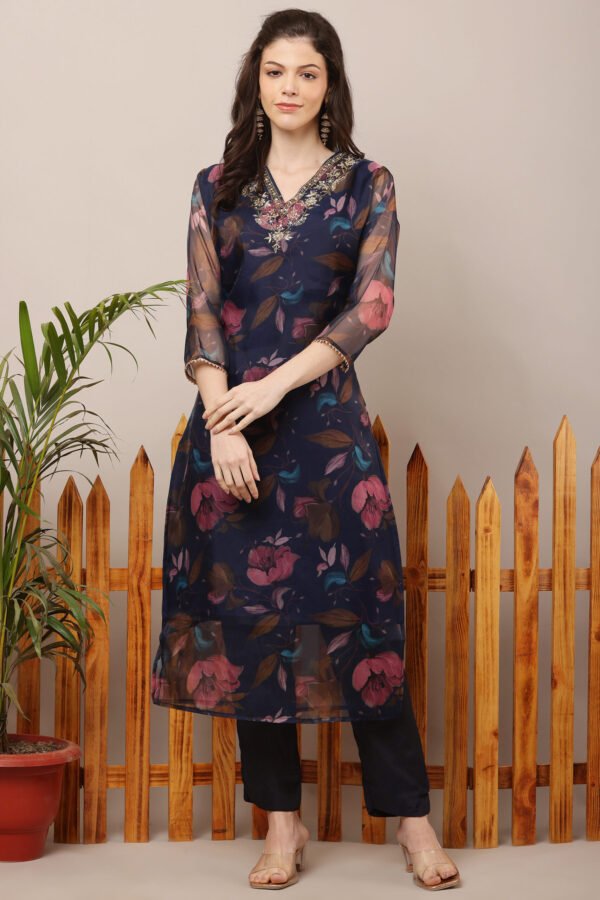 Floral Organza Navy Blue Straight Suit