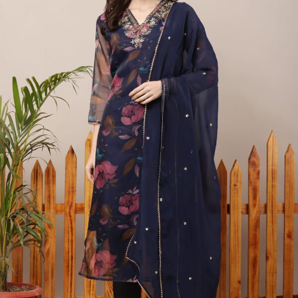 Floral Organza Navy Blue Straight Suit