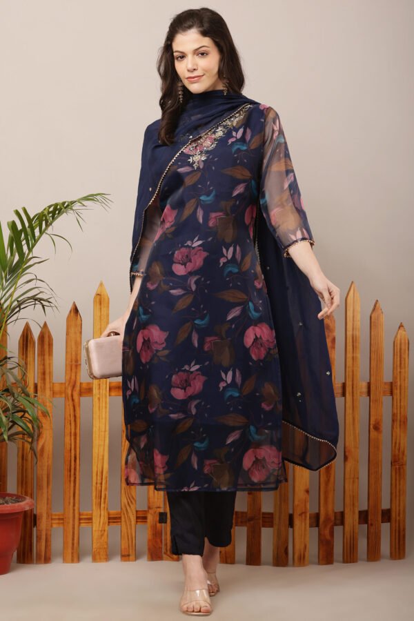 Floral Organza Navy Blue Straight Suit