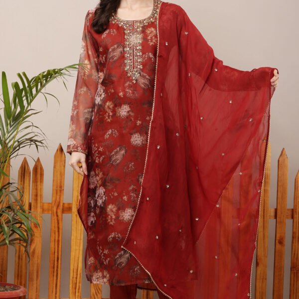 23 Jan- Maxkeystudio25857 Red Floral Organza Straight Suit Set