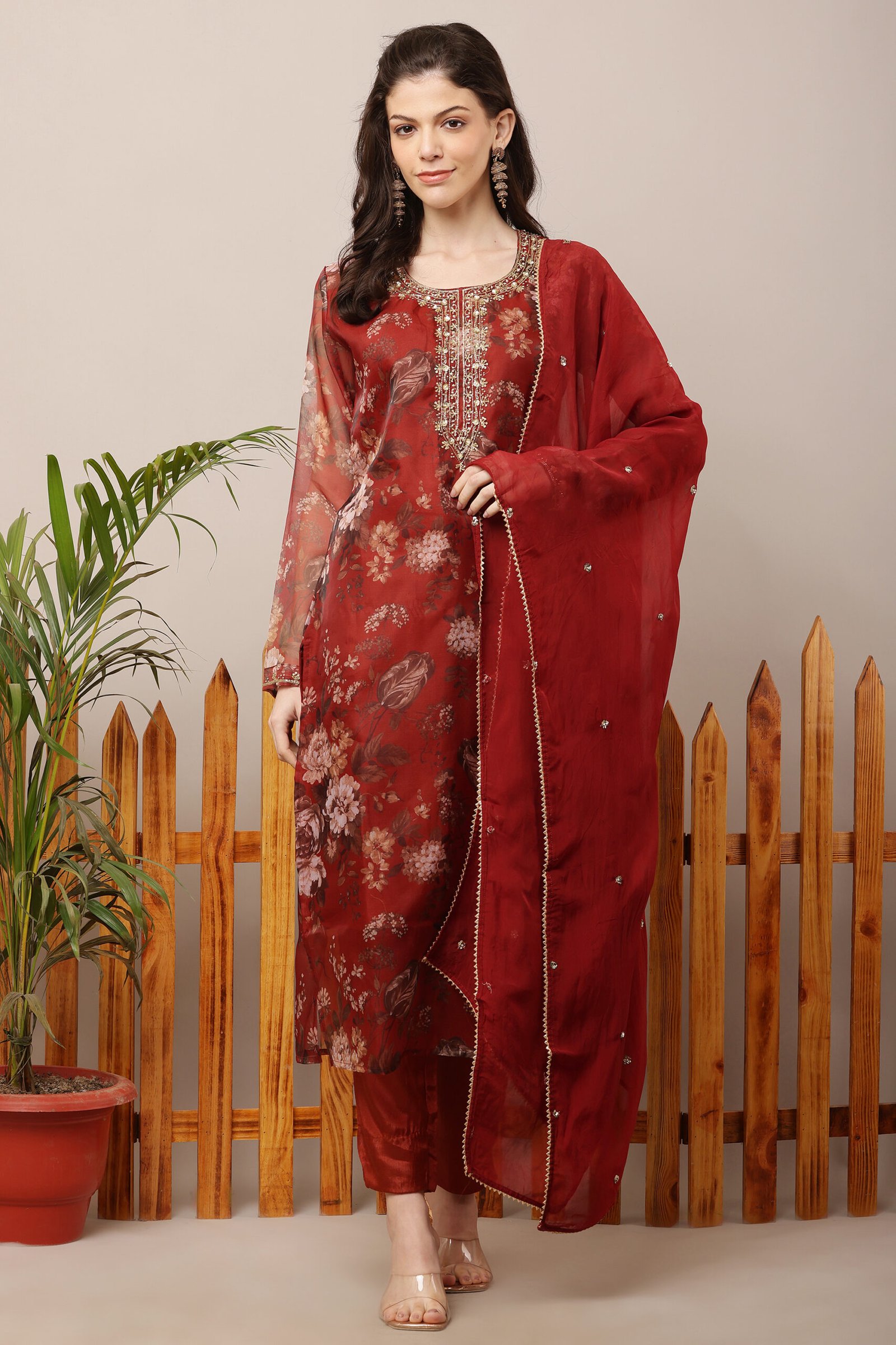 Red Floral Organza Straight Suit Set