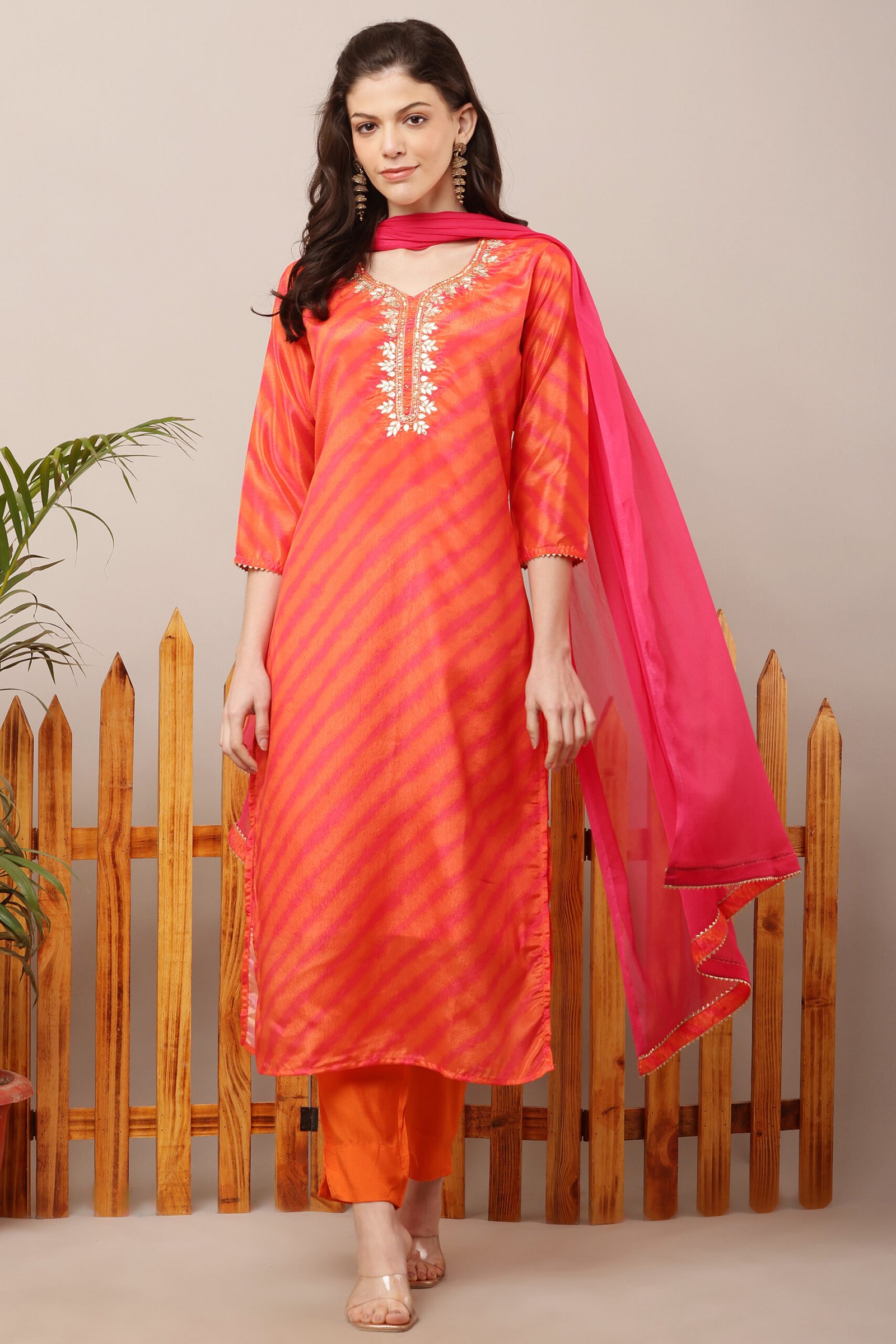 Orange Leheria Gota patti Straight Suit Set