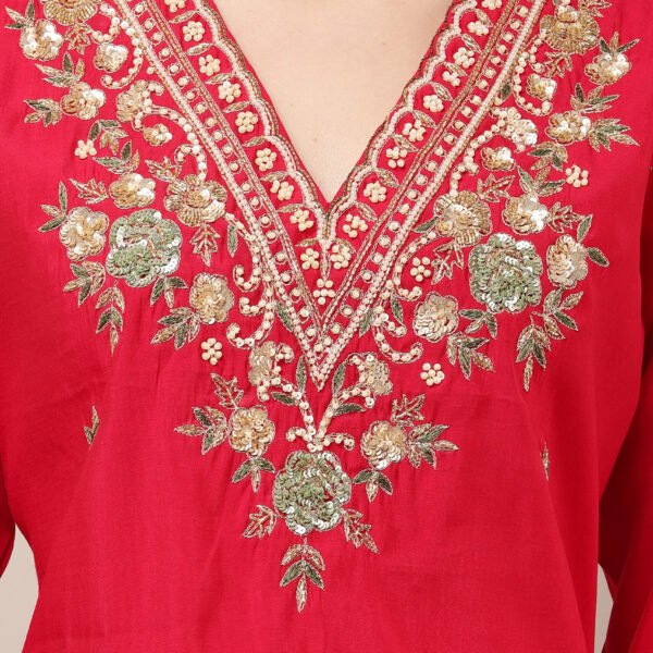 V Neck Embroidered Straight Suit Set