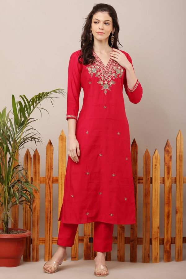V Neck Embroidered Straight Suit Set