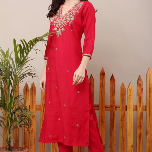 Fuchsia Pink V Neck Embroidered Suit Set
