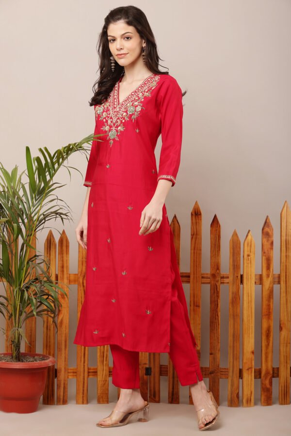 Fuchsia Pink V Neck Embroidered Suit Set