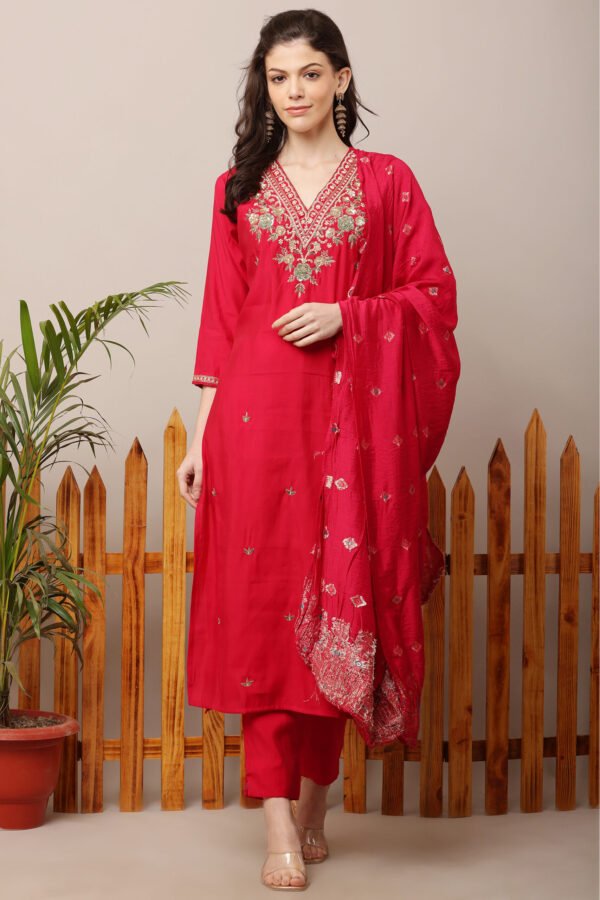 23 Jan- Maxkeystudio25912 Fuchsia Pink V Neck Embroidered Suit Set