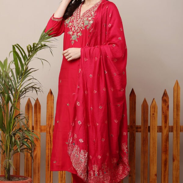 V Neck Embroidered Straight Suit Set