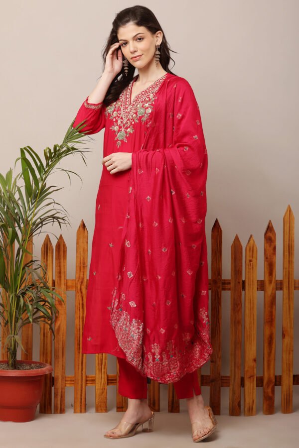 V Neck Embroidered Straight Suit Set