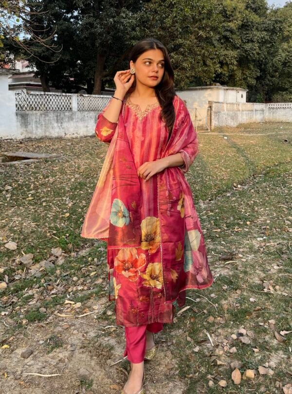 IMG_7034 Raspberry Tissue Shimmer Floral Suit Set